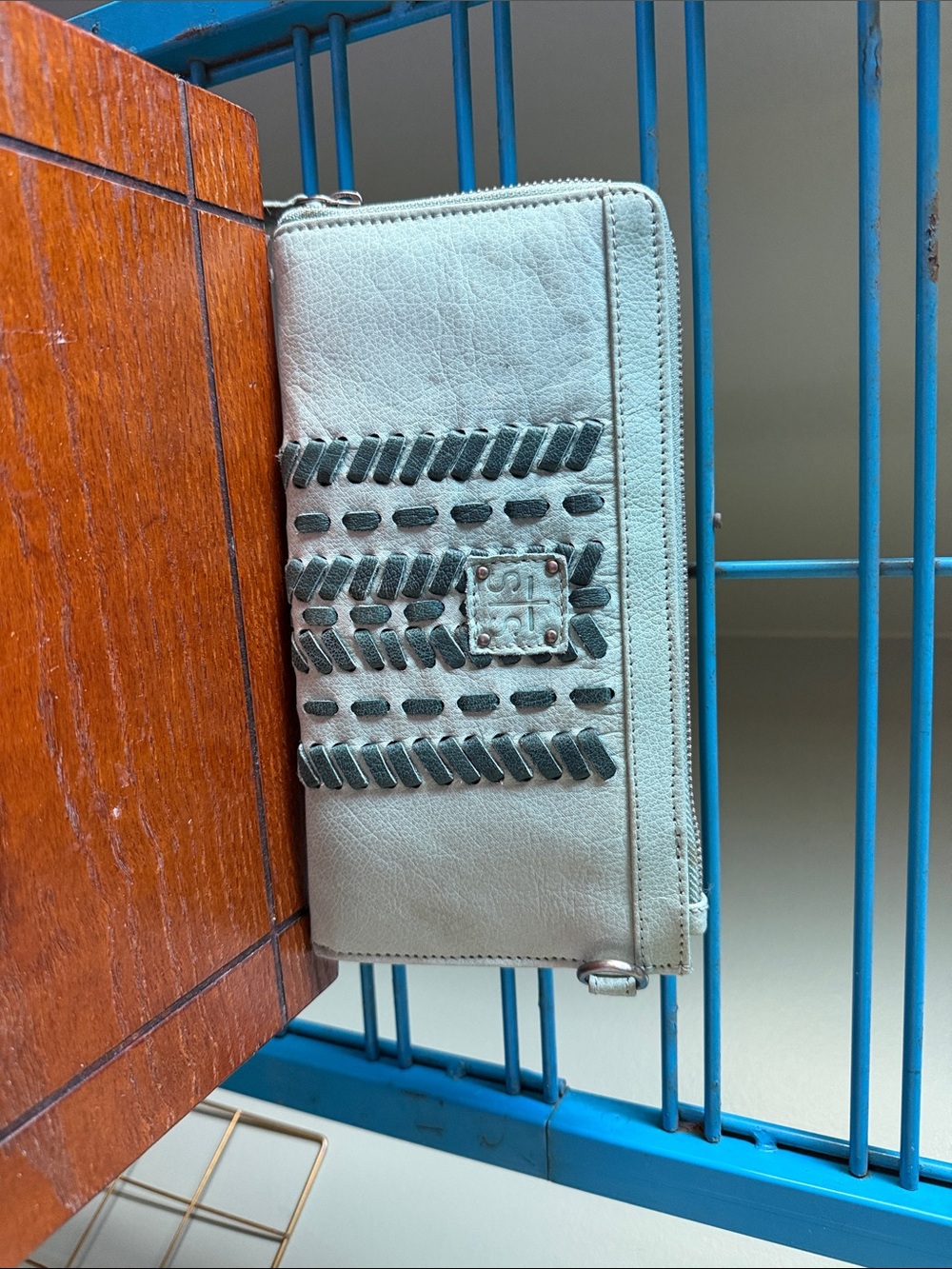 STS Braided Accent Light Green Leather Zip Wristlet Clutch